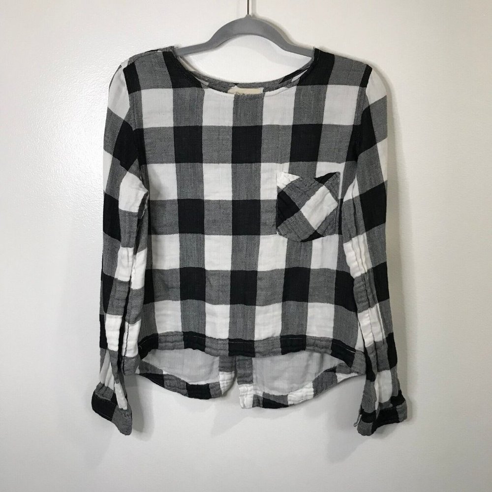 Cloth & Stone Buffalo Check Gauze Shirt Size Medium M Lace Up Blouse Black White